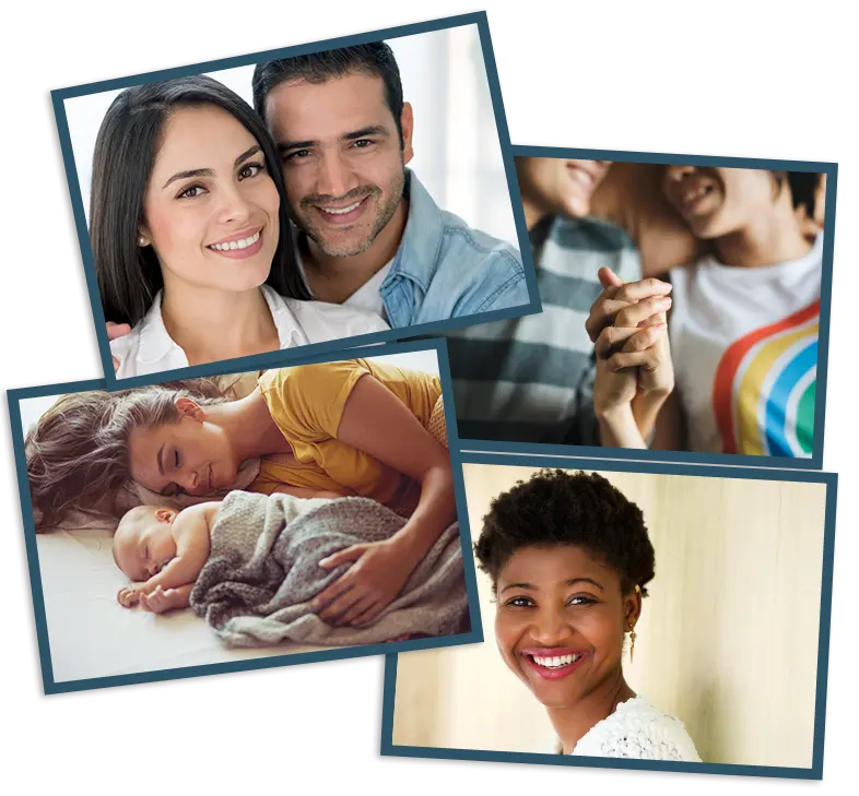 Collage of diverse families and individuals: a couple, two people holding hands, a mother with her baby, and a smiling woman
